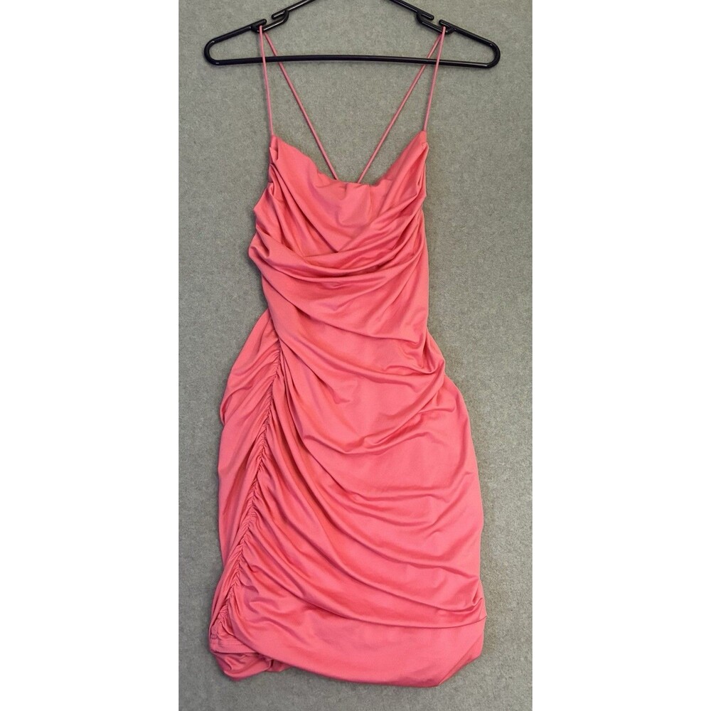 Women’s Pink Ruched Bodycon Mini Dress Strappy Cowl Neck Size Large